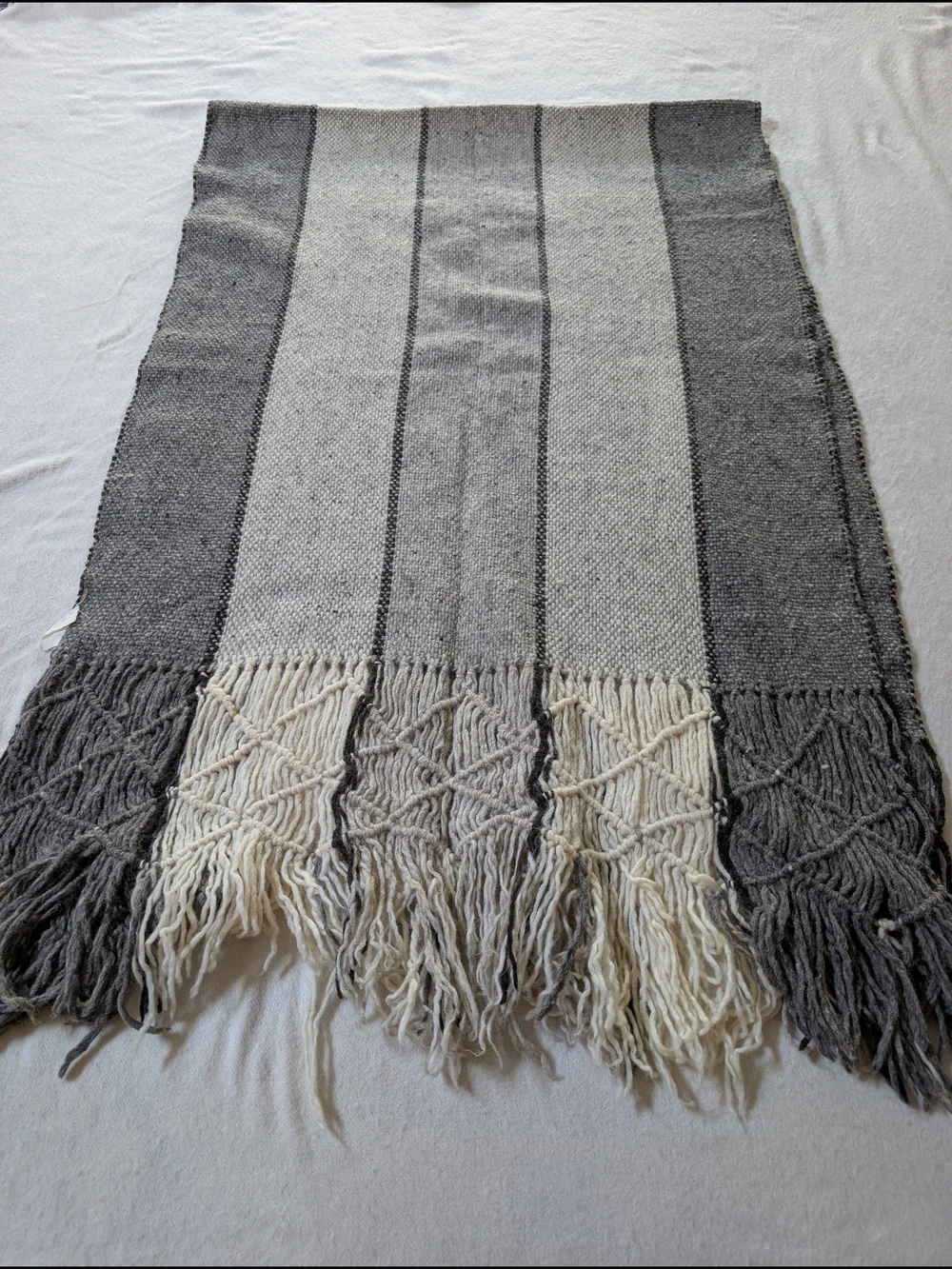 Wool Gray & Cream Fringe Scarf Or Shawl
